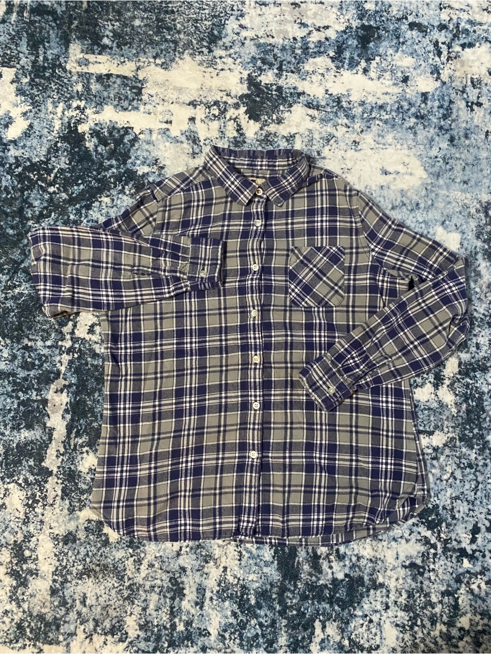 Woolrich Women’s Large Flannel Shirt 100% Cotton Blue Gray Plaid Button Up